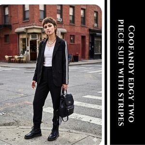 COOFANDY Black 2-Piece Suit with Side Stripes (unisex)